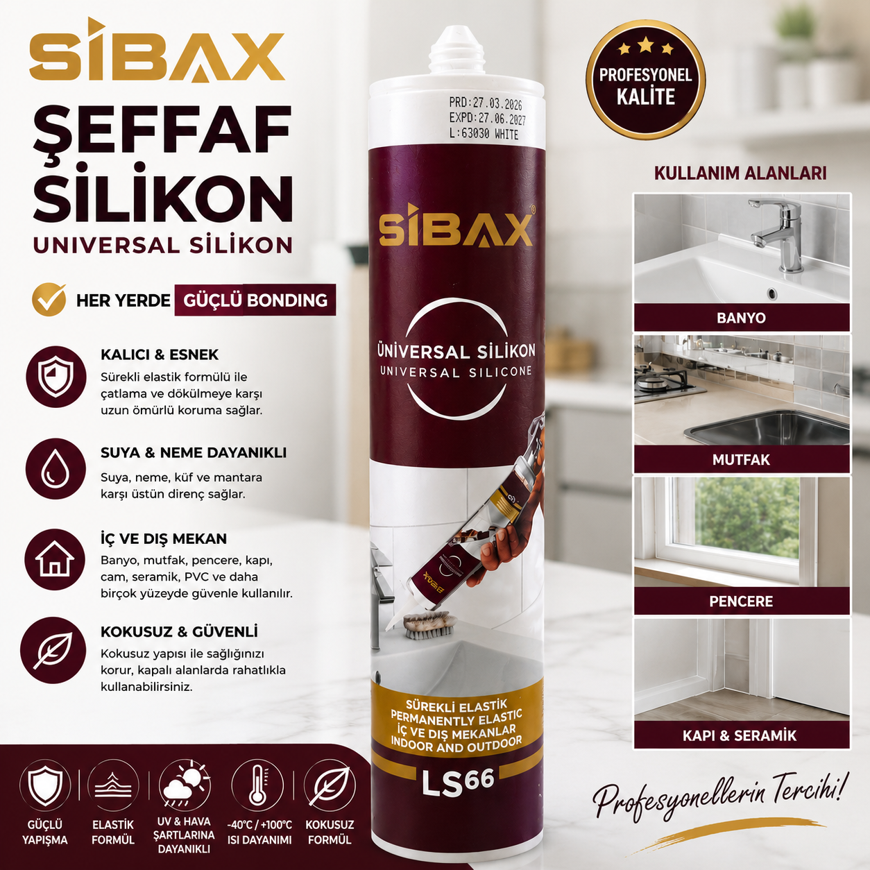 Sibax LS66 Şeffaf Universal Silikon 280 ml | İç ve Dış Mekan Silikonu