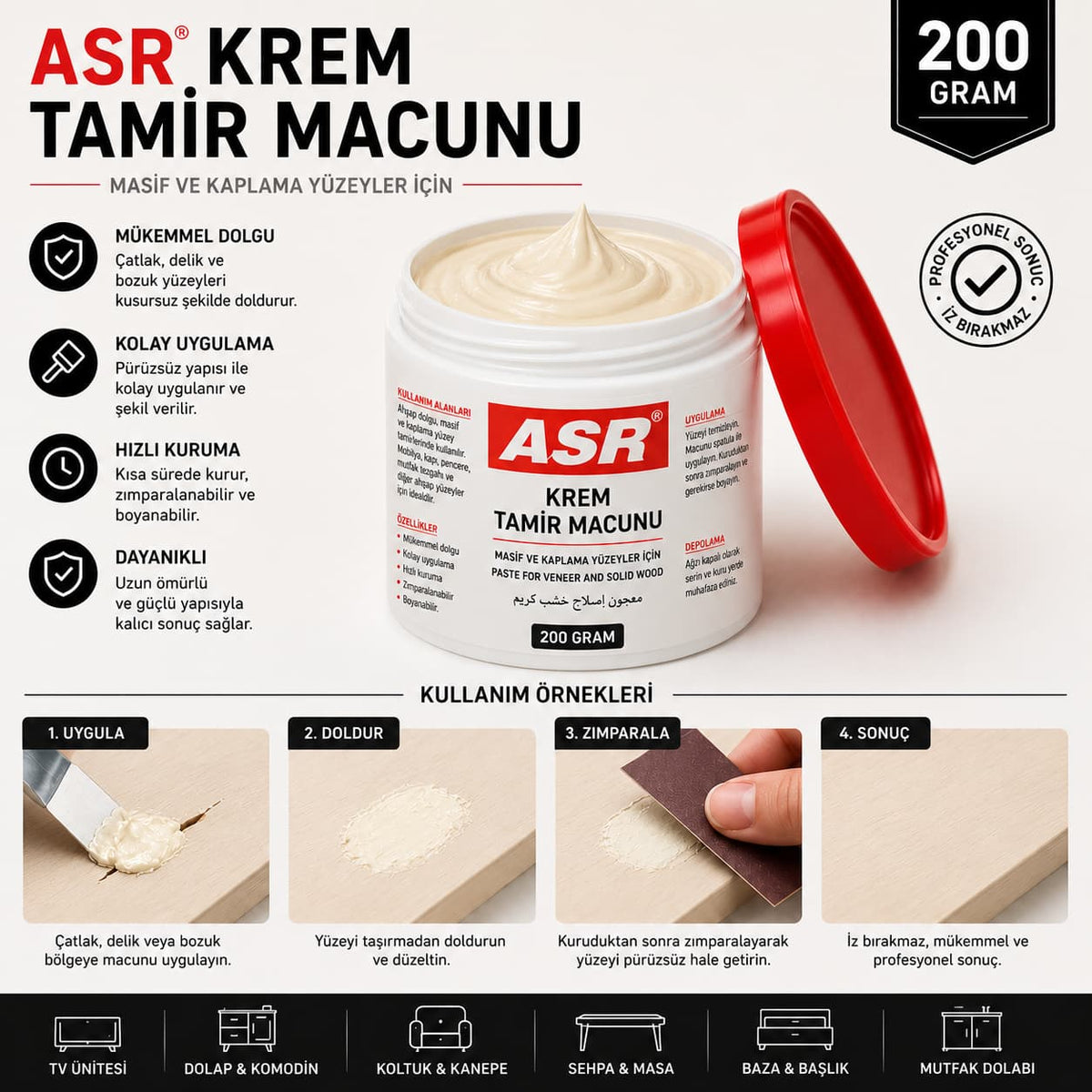 ASR Krem Tamir Macunu 200 Gram | Ahşap, MDF ve Mobilya Dolgu Macunu