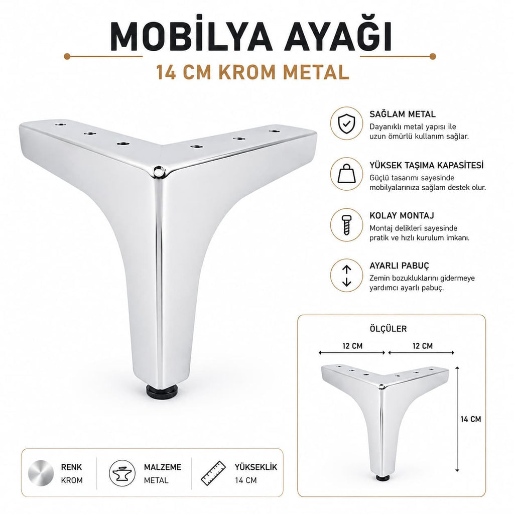 Krom Metal Mobilya Ayağı 14 CM | Modern Mobilya Ayağı