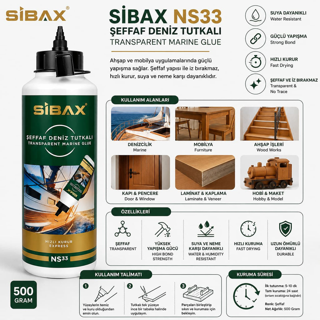 Sibax NS33 Şeffaf Deniz Tutkalı 500 Gram | Güçlü Marine Yapıştırıcı
