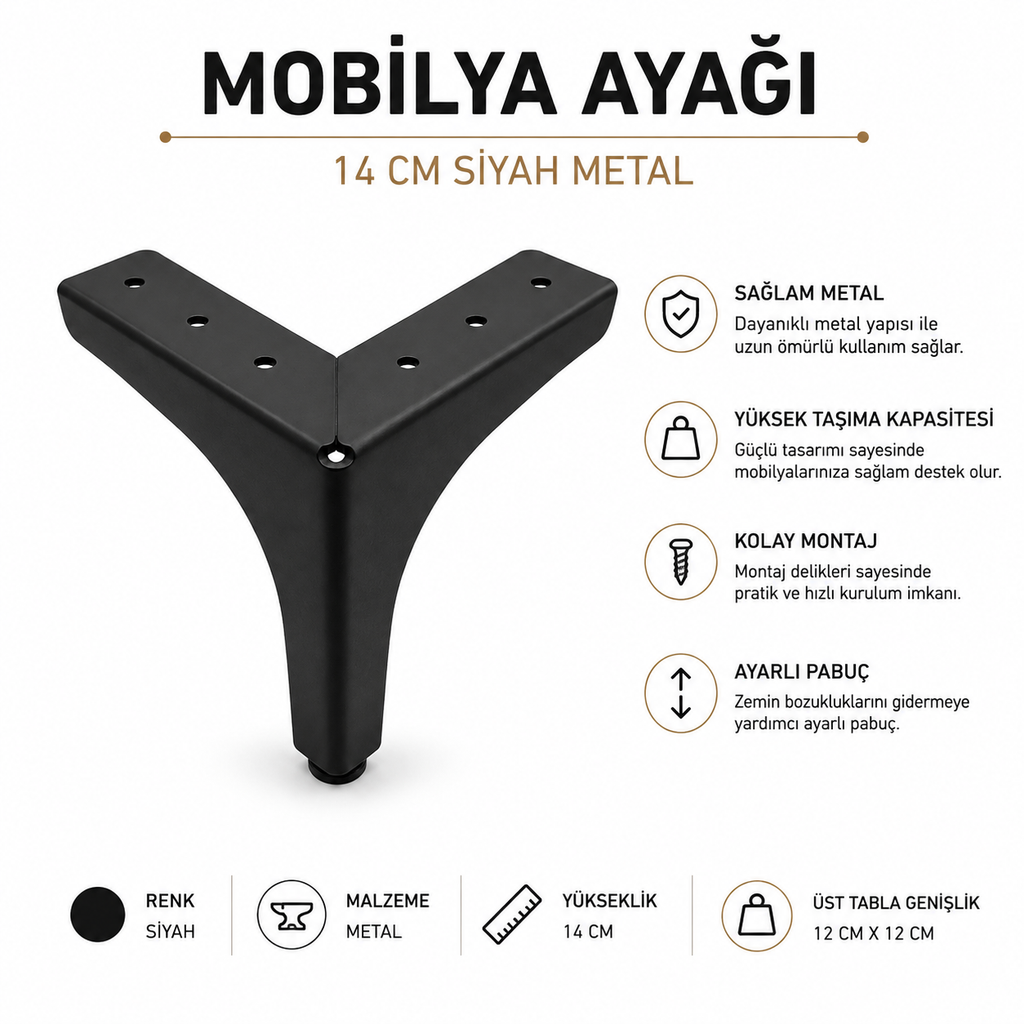Siyah Metal Mobilya Ayağı 14 CM | Modern Mobilya Ayağı | Ray Mobilya