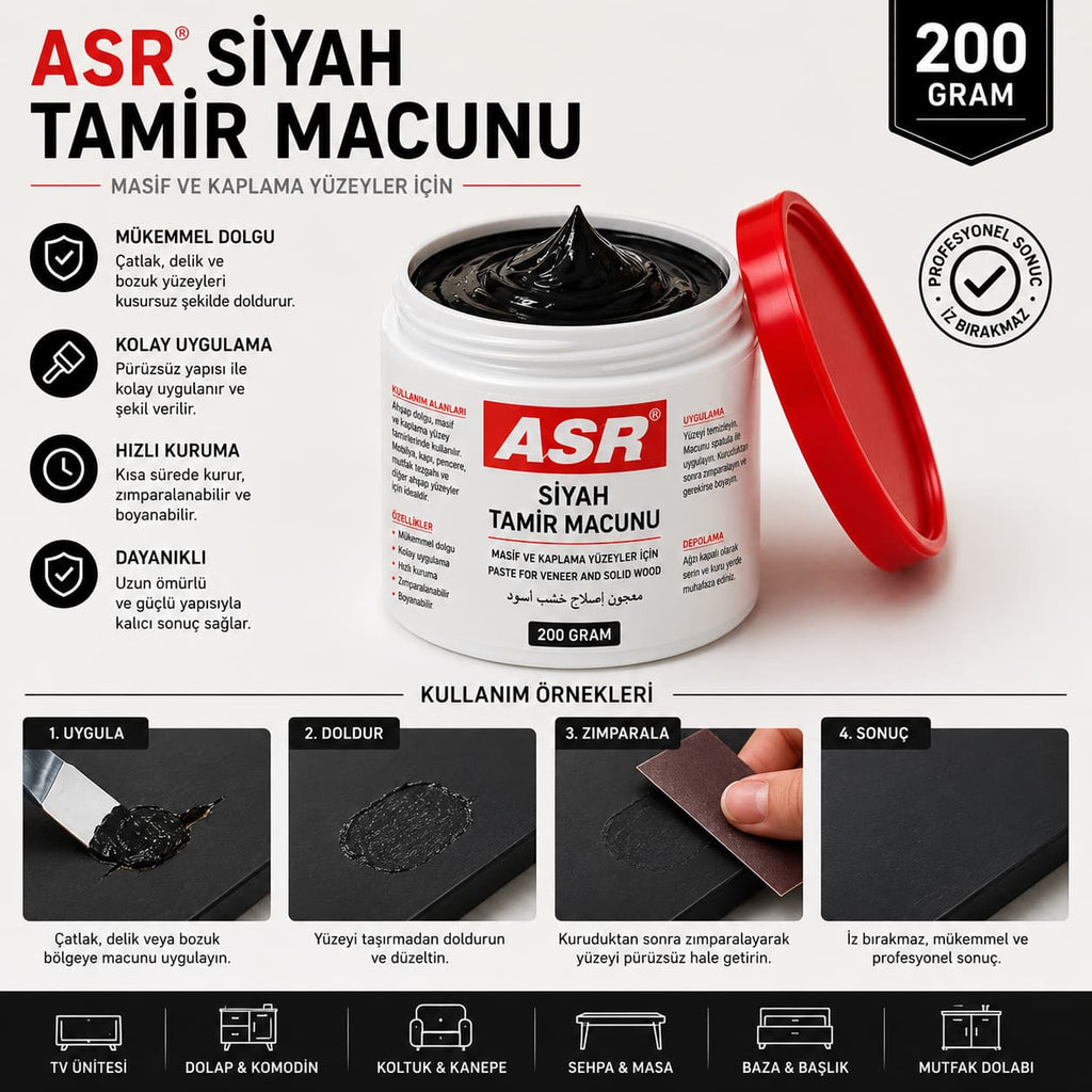 ASR Siyah Tamir Macunu 200 Gr | Ahşap ve MDF Tamir Macunu | Ray Mobilya
