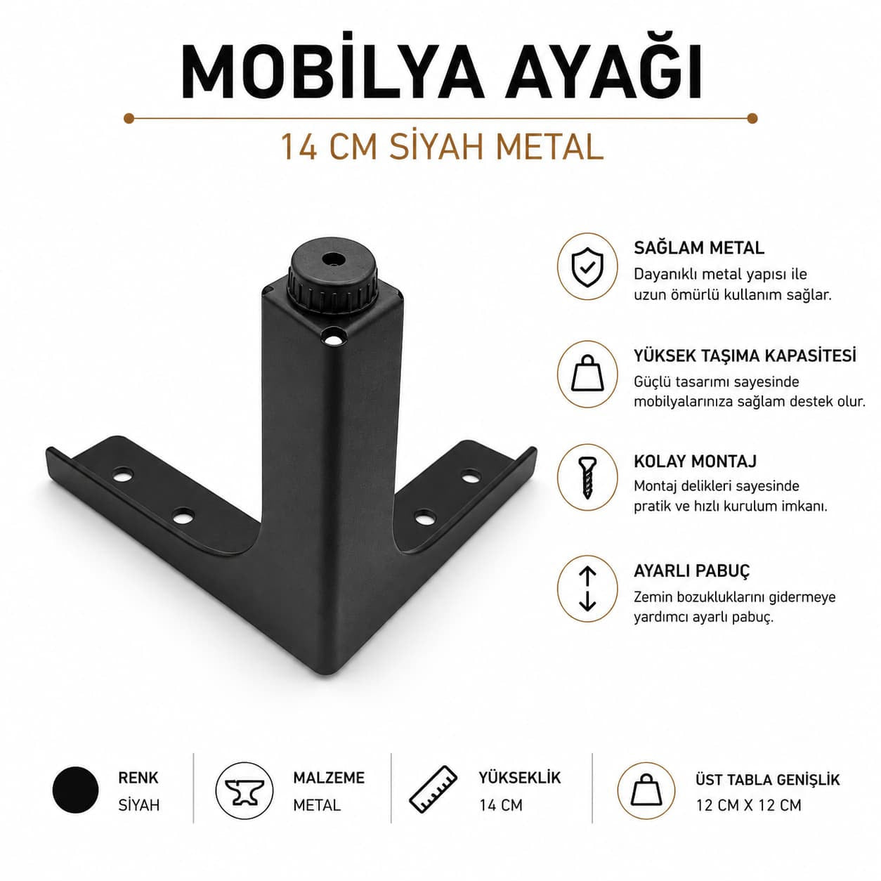 Siyah Metal Mobilya Ayağı 14 CM | Modern Mobilya Ayağı | Ray Mobilya