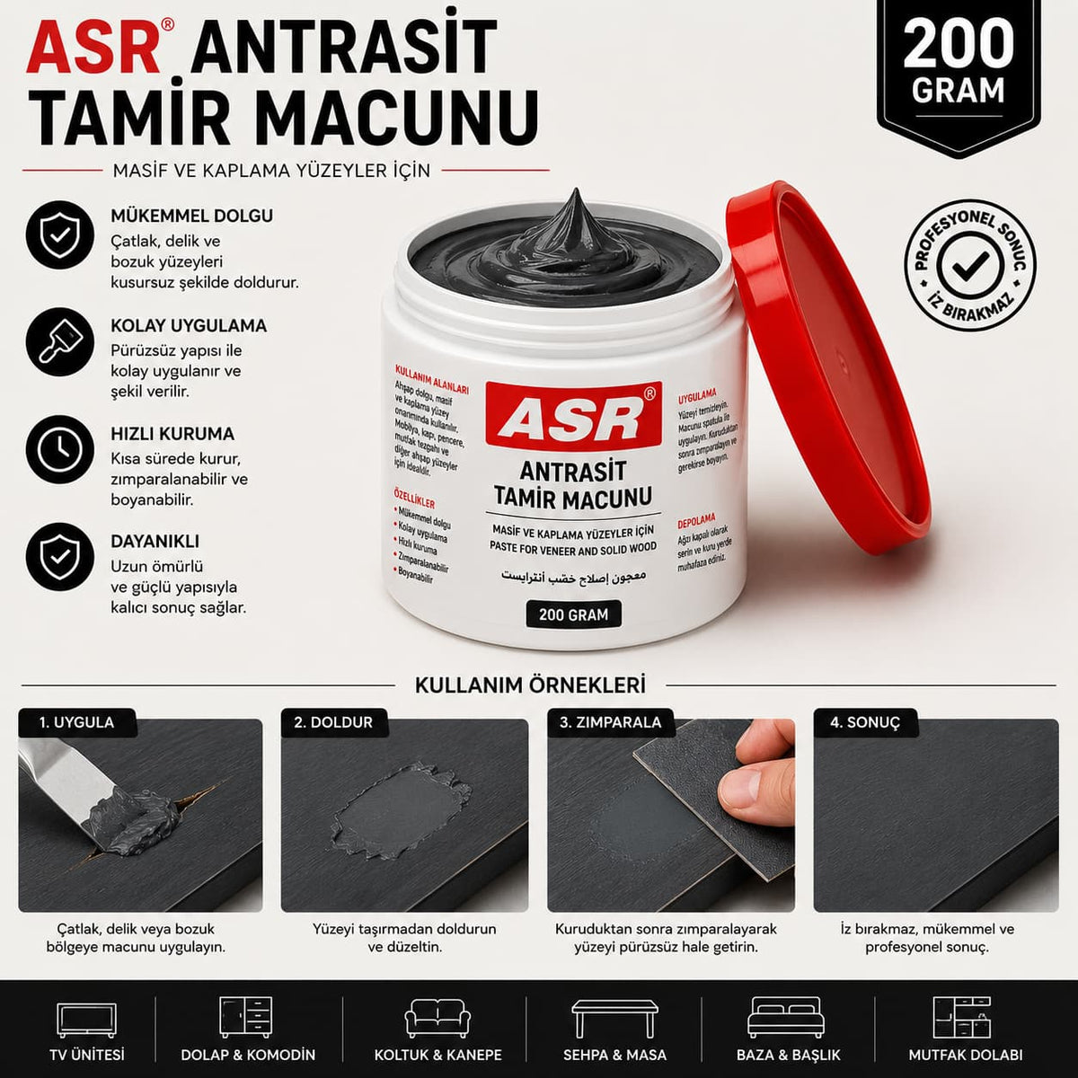 ASR Antrasit Tamir Macunu 200 Gr Ahşap MDF Mobilya Dolgu Macunu