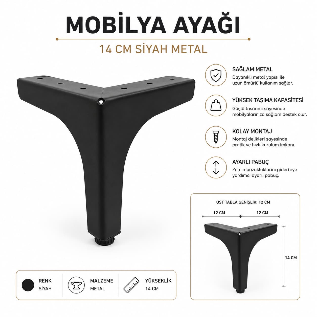 Siyah Metal Mobilya Ayağı 14 CM | Modern Mobilya Ayağı | Ray Mobilya