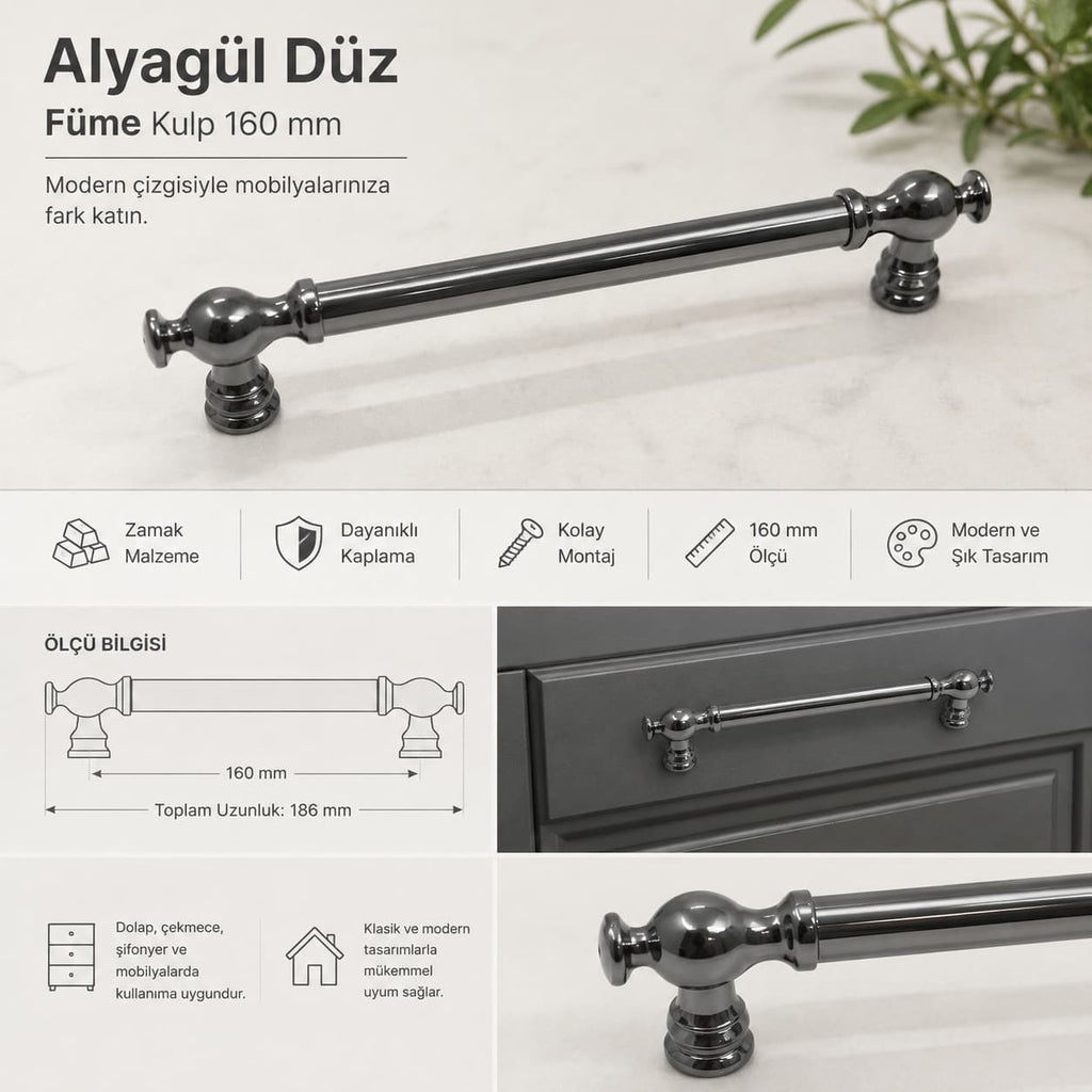 Alyagül Düz Füme Kulp 160 mm | Dekoratif Mobilya Kulpu